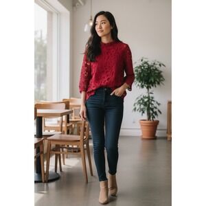 Ella Rafaella Blouse Women LP Ruby Red Mock Neck Floral Guipure Lace Elegant NWT